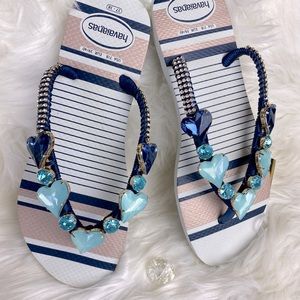 NWT HAVAIANAS Embelleced Blue/White color Sandals Flip Flops Size 7/8